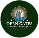 logo-round This is a picture of Open Gates International's logo. It's a green circle and within that circle it says Open Gates and then International below that. Above the text is an icon image of an arch or a gate that seems to be emitting a glow. Leading up to the arch is a blue color that almost gives water. This icon is within a smaller circle and is mainly gray in color except for that blue "water element". On either side of the smaller, inner circle are two little gold stars.