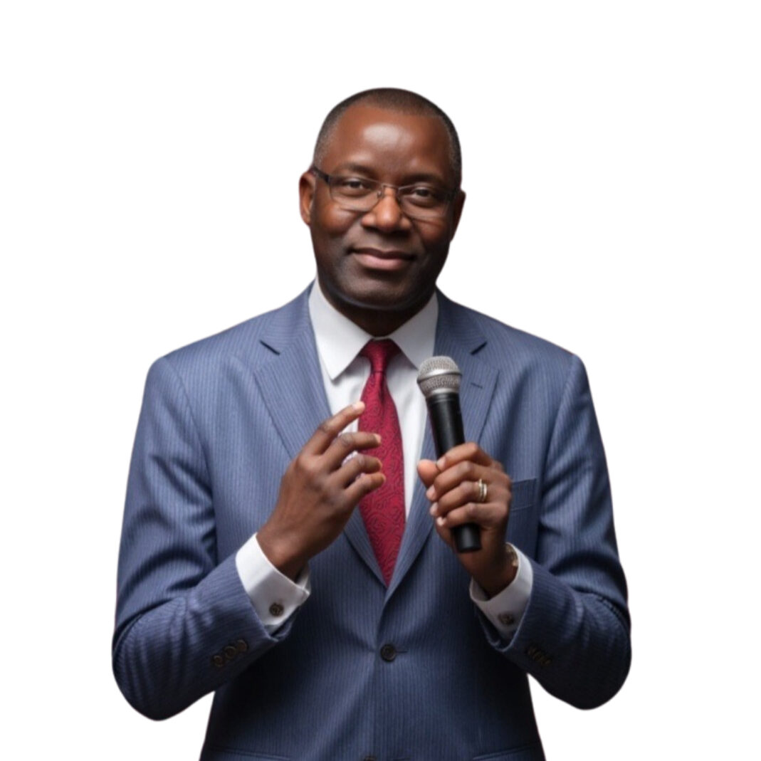 3_result (1) Man in a blue suit and red tie holding a microphone, isolated on a white background.
